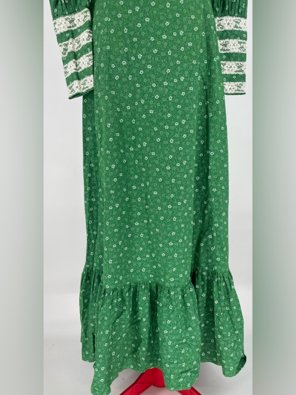 1970s Green High Neck Voluminous Long Sleeve Handmade Prairie Dress Lace Accents - Picture 3 of 15